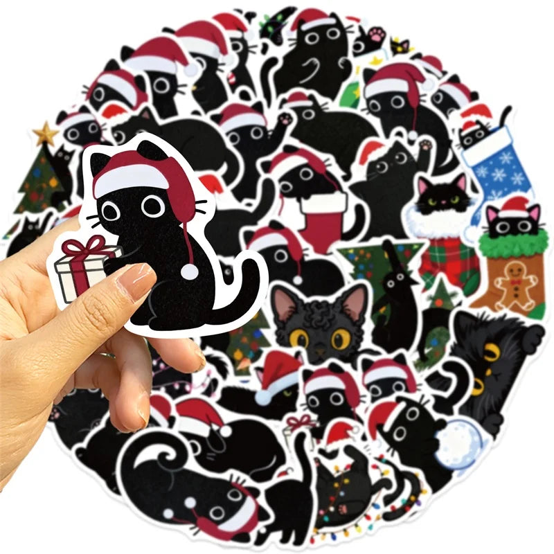 10/30/50PCS Kawaii Christmas Black Cat PVC Sticky Sticker Aesthetic DIY Children's Decoration Scrapbooking School Supplies