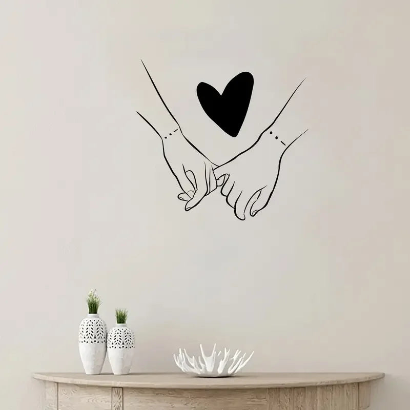 Romantic Couple Hands with Heart Wall Sticker - Self-Adhesive Removable PVC Decal for Living Room, Bedroom, Dining Area & Entryw