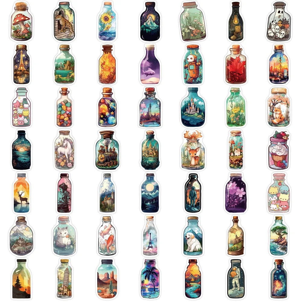 50 Pcs Cartoon Mystery Bottles, Biological Graffiti Stickers Guitar Notebook Luggage DIY Water Bottle Decor Waterproof Stickers