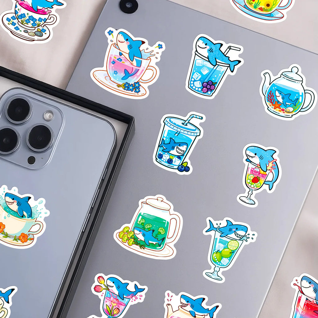 56PCS Cute Shark Cup Graffiti Stickers Creative Cartoon Shark Account Helmet Decoration Stickers