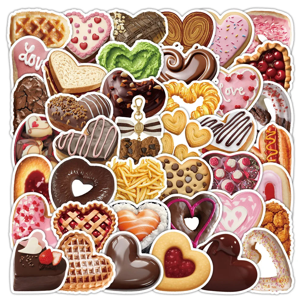 50/100Pcs Fresh Cartoon Heart Shape Food Doodle Stickers for Suitcase Shoe Rack Stationery Box Guitar Piano No Repeat Decals