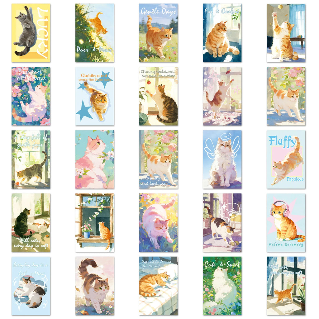 50PCS Healing Cat Aesthetic Stickers, INS Cute Student Stationery Journal Notebook Cup DIY Decorative Art Stickers