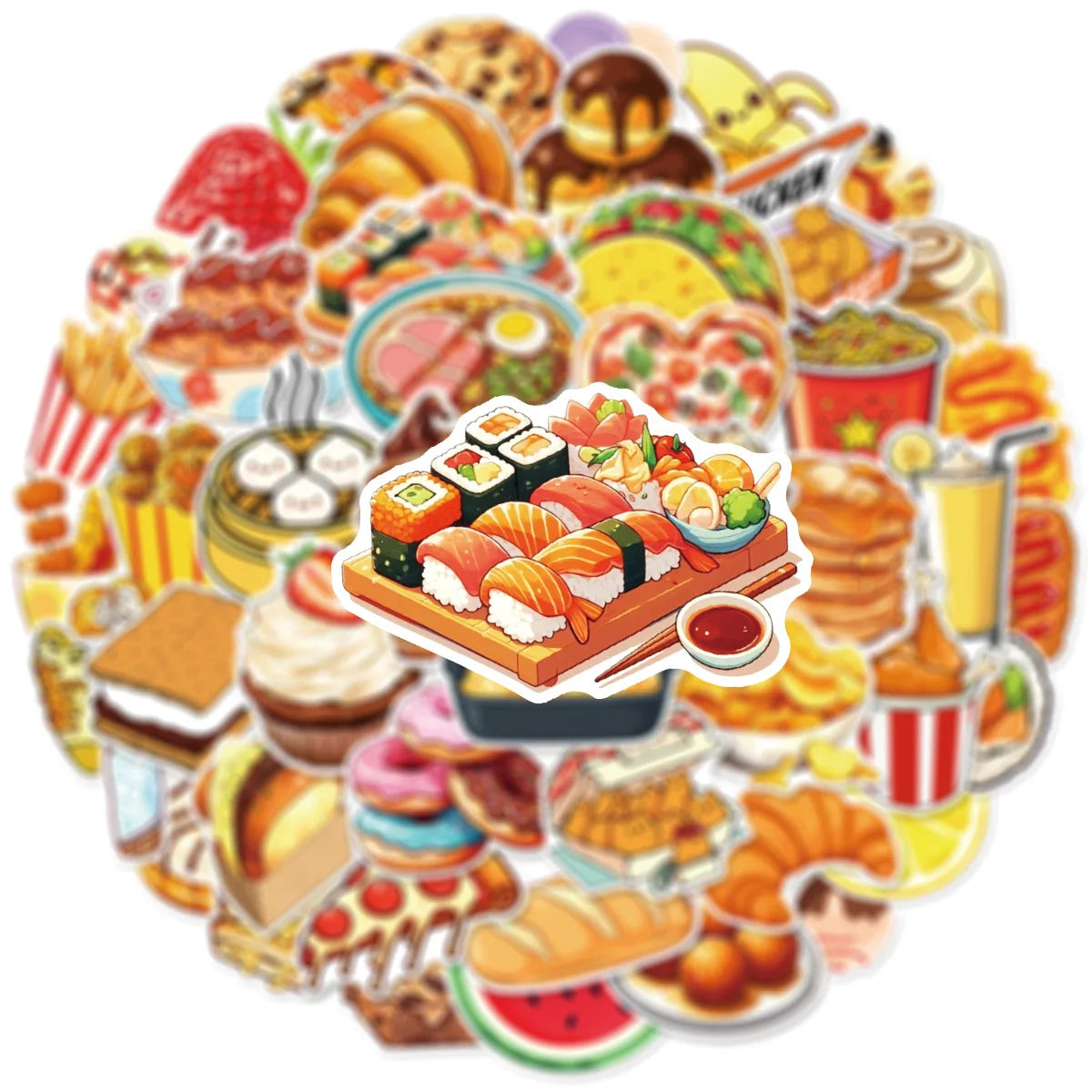 50-Pack Cartoon Food Drink Snack Doodle Stickers Waterproof Children's Stationery Notebook Skateboard Stickers