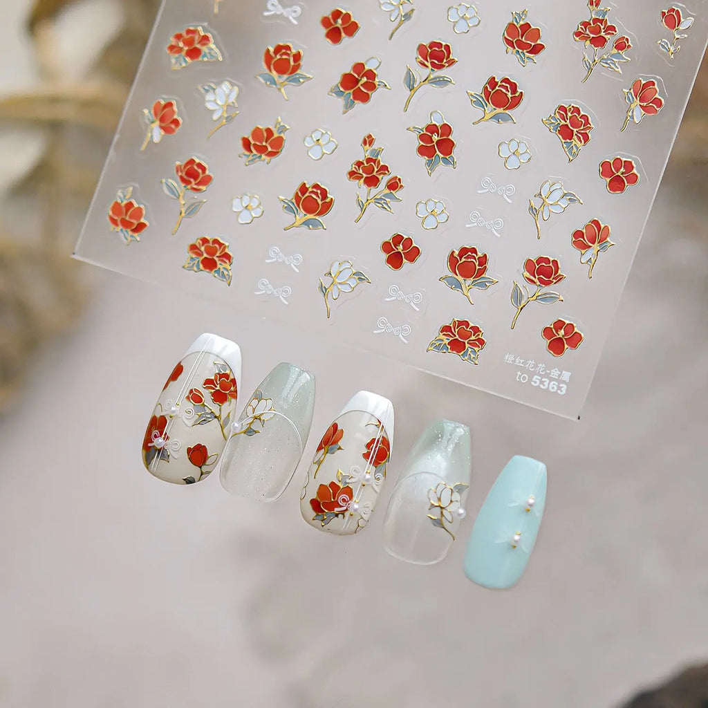 Metal Nail Art Stickers Gold Edges Orange Red Rose Floral Bow Nail Charms Stickers DIY Self Adhesive Nails 3D Decorations Decals