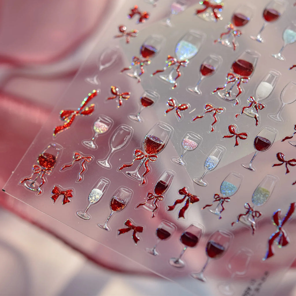 Wine Glass Bows Nail Charms Stickers Metal Nail Art Stickers 3D Exquisite Ribbon Nail Decoration Decals DIY Self Adhesive Decals