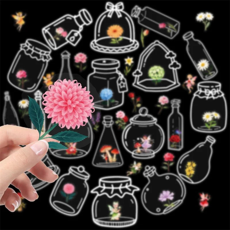 56PCS Kawaii Flower Bottle PET Sticky Sticker Aesthetic Tear Open DIY Decoration Scrapbooking School Stationery Supplies