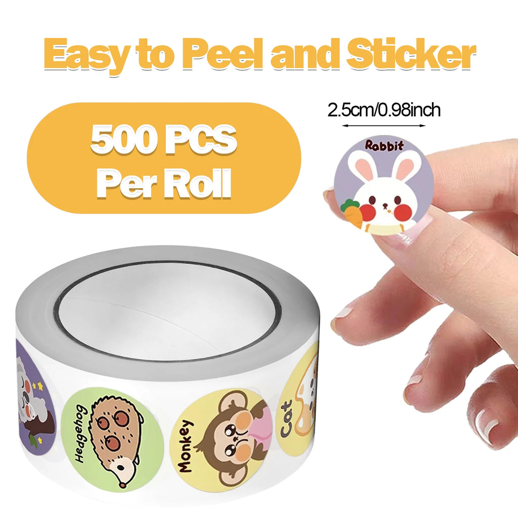 1Roll(500pcs) 1'' Round Cartoon Animals Stickers for Kids Teacher Reward School Supplies Animal Incentive Home Decor