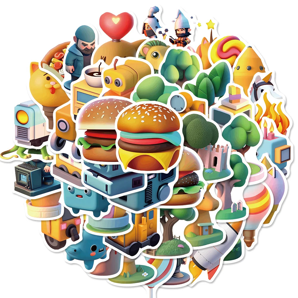 50PCS 3D Small Object Sticker Creative Waterproof Stationery Home Aesthetic PVC Reading Books Notebook Phone Car Stickers ﻿