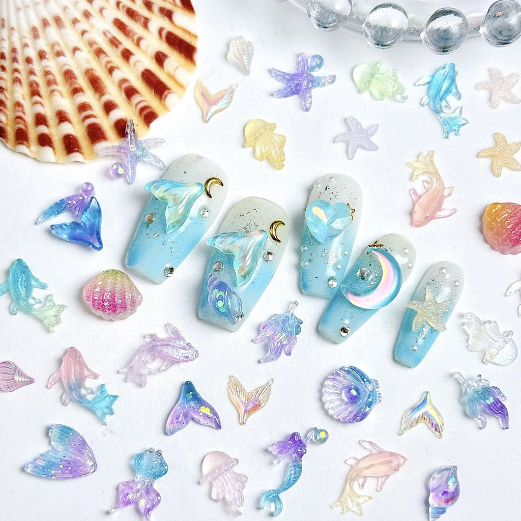 Ocean Series Accessories Nail Art 3D Resin Gradient Mermaid Dolphin Shell Starfish Nail Charms DIY 3D Iridescent Nail Decoration