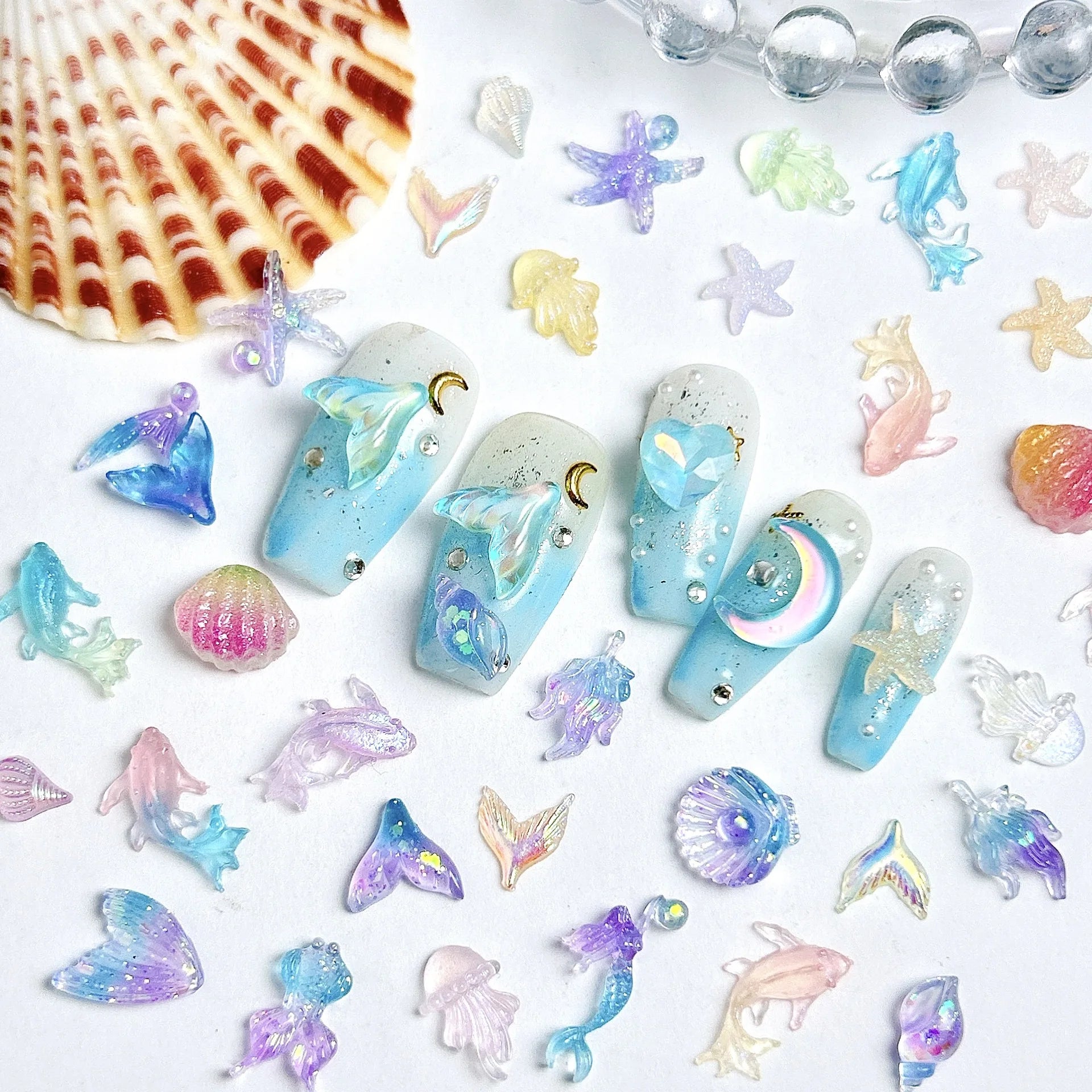 Ocean Series Accessories Nail Art 3D Resin Gradient Mermaid Dolphin Shell Starfish Nail Charms DIY 3D Iridescent Nail Decoration