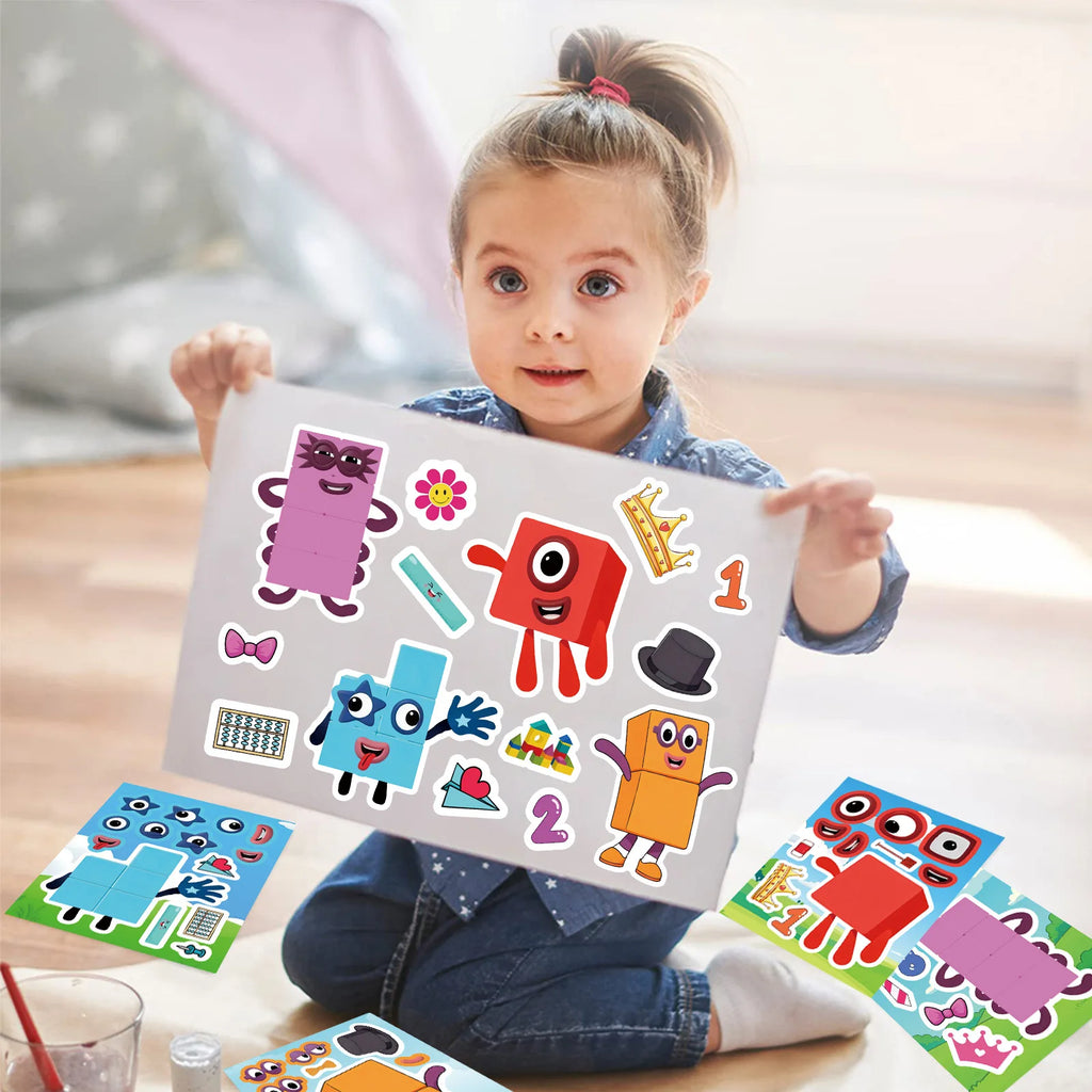 8/16 Pcs Cartoon Number Block Puzzle Make A Face Stickers Educational DIY Game for Laptop Desk Toy Shelf Drawer Shoe Rack Decals