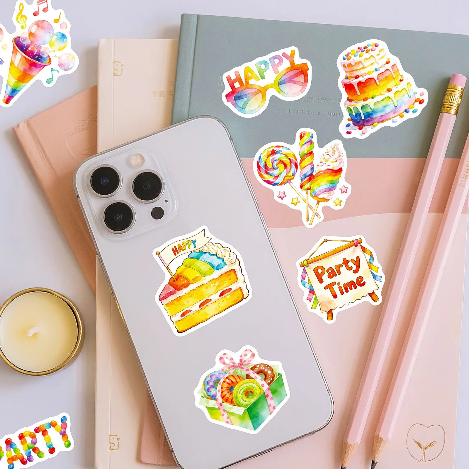 56PCS Watercolor Birthday Party Graffiti Stickers Balloon Cake Candy Elements Student Stationery Notebook Birthday Gift Stickers