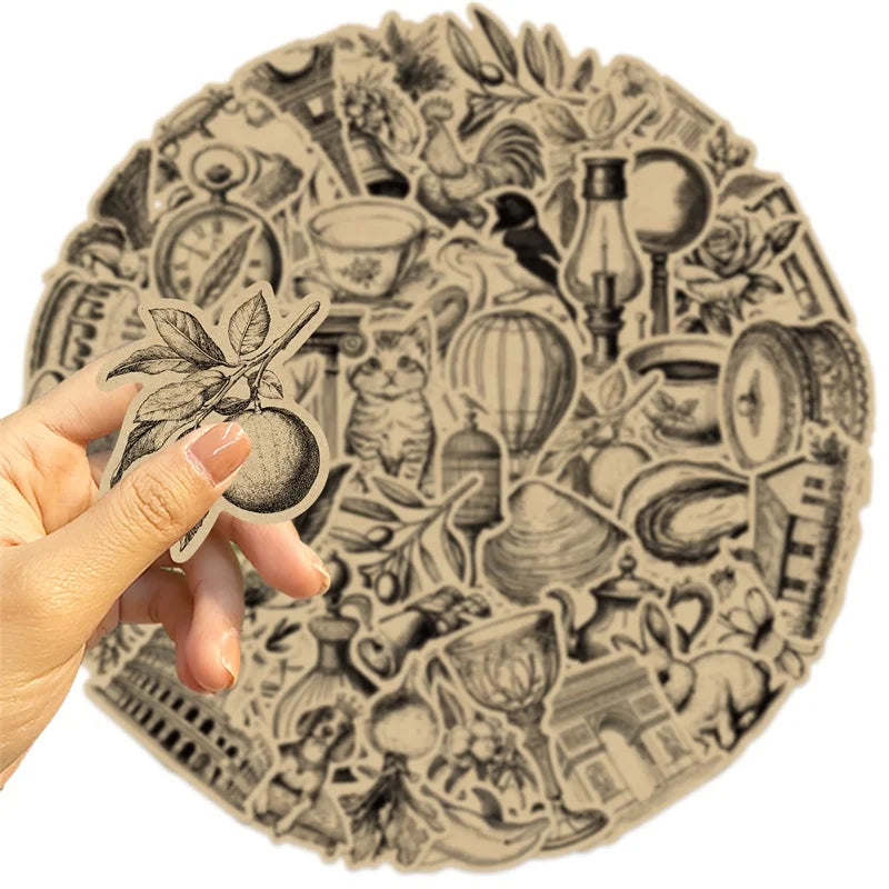 10/30/50PCS Vintage Black Sticky PVC Sticker Aesthetic Stationery DIY Decoration Scrapbooking School Supplies for Kids