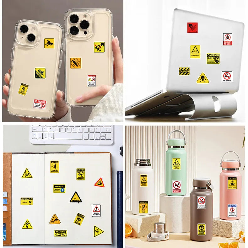 60-Piece Fun Warning Sign Graffiti Stickers for Phone Case Notebook Luggage Car Decorative Decals