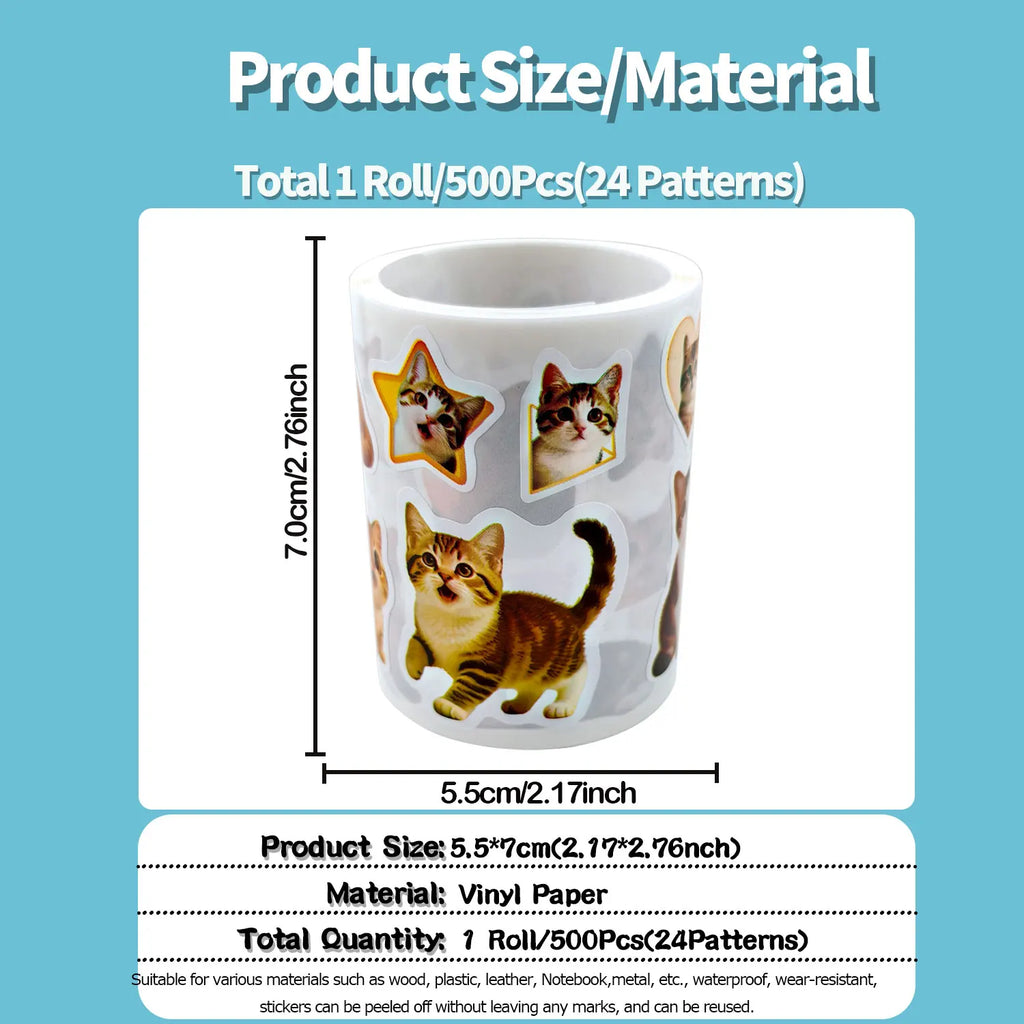 1Roll(500Pcs)24 Irregular Cute Pet Cats Vinyl Waterproof Stickers Reusable DlY Craft Decoration Animals Scrapbook Labels