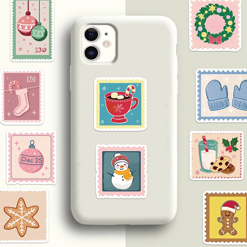 50PCS Christmas Stamp Tags Decorative Stickers DIY Scrapbook Phone Case Laptop Tablet Toy Decorative Stickers