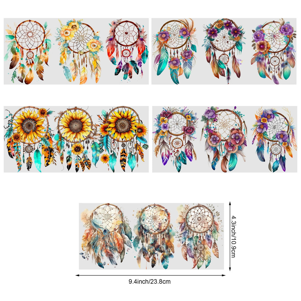 5 Sheets Dream Catcher UV DTF Cup Stickers, DTF Friction Transfer Stickers, Waterproof Transfer Stickers for 16 Ounces Glass Cup