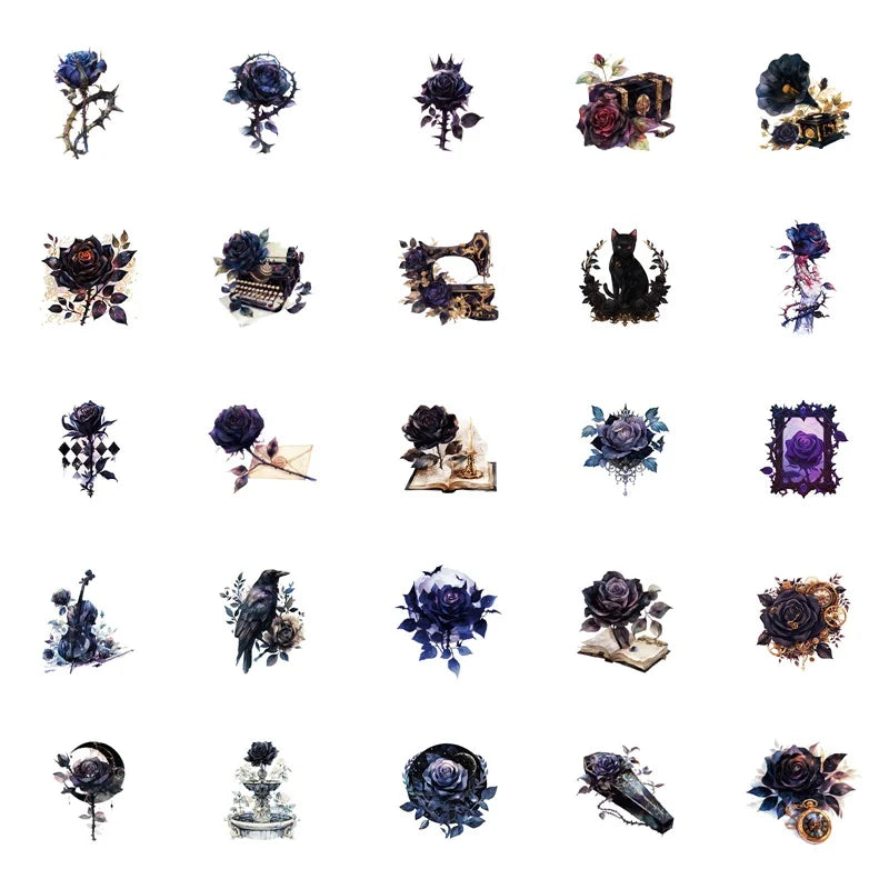 10/30/50PCS Dark Purple Rose Sticky PVC Sticker Aesthetic Children's Stationery DIY Decoration Scrapbooking School Supplies