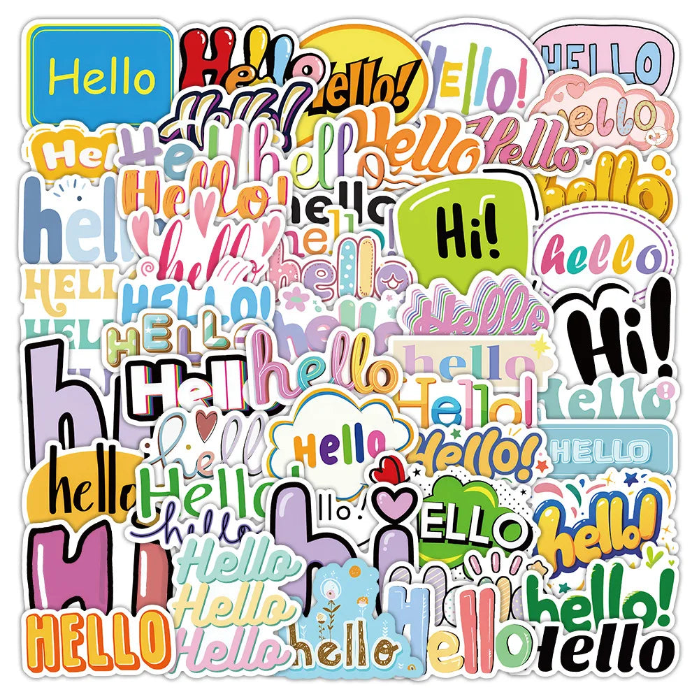 50-Pack Cartoon Greeting Hello Sticker Waterproof Decor for Phone Tablet Guitar Notebook Luggage Durable Cartoon Hello Stickers