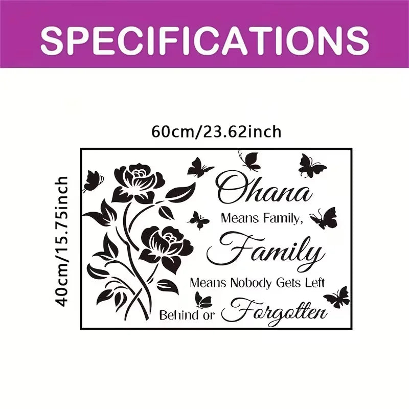 One Ohana Family Quote Wall Sticker | Roses & Butterflies Design | Home Decor Art Set for Indoors, Windows, Doorways, Mirrors &