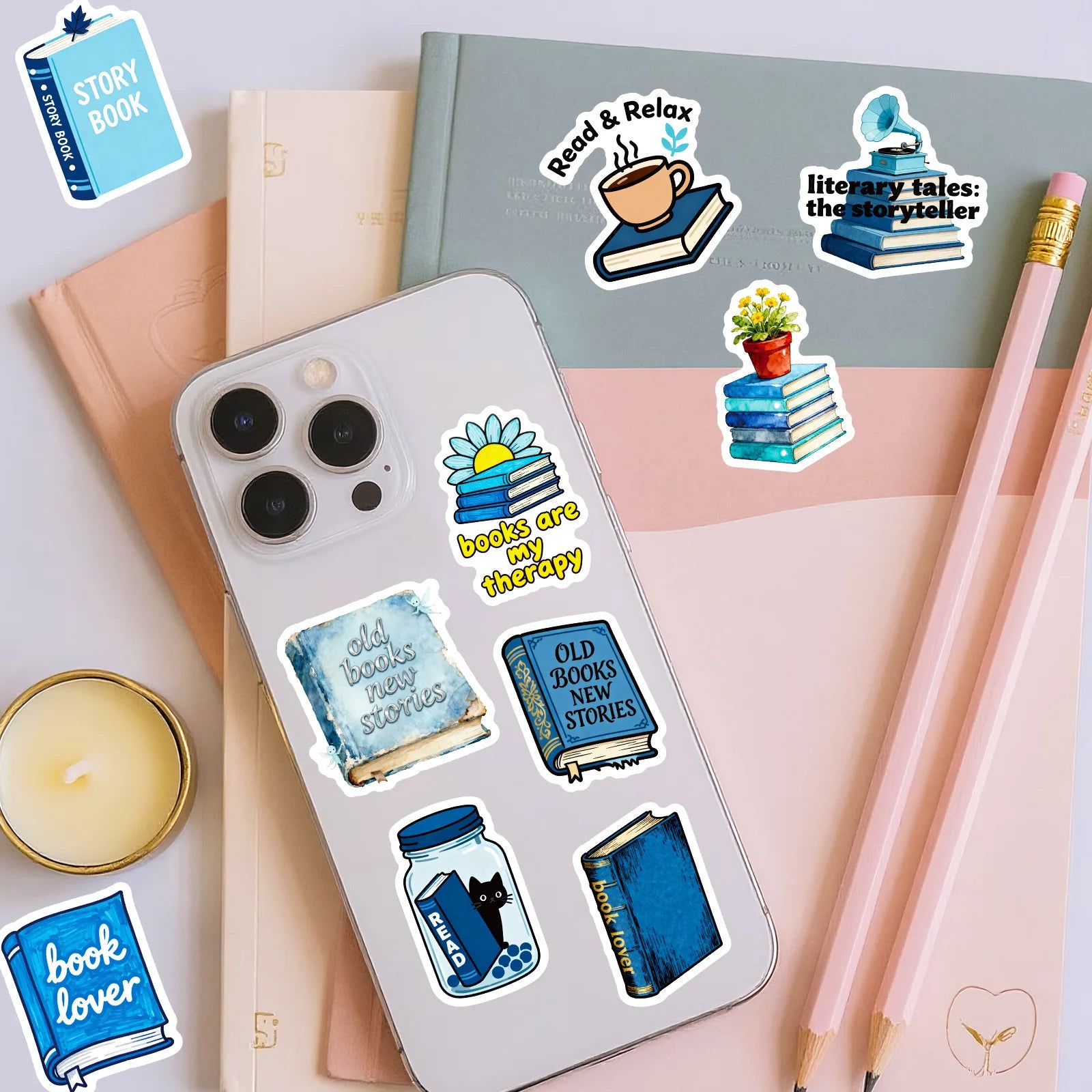 56PCS Bookshelf Therapy Doodle Stickers, Blue Reading Theme Student Stationery Notebook Suitcase DIY Decorative Art Sticker