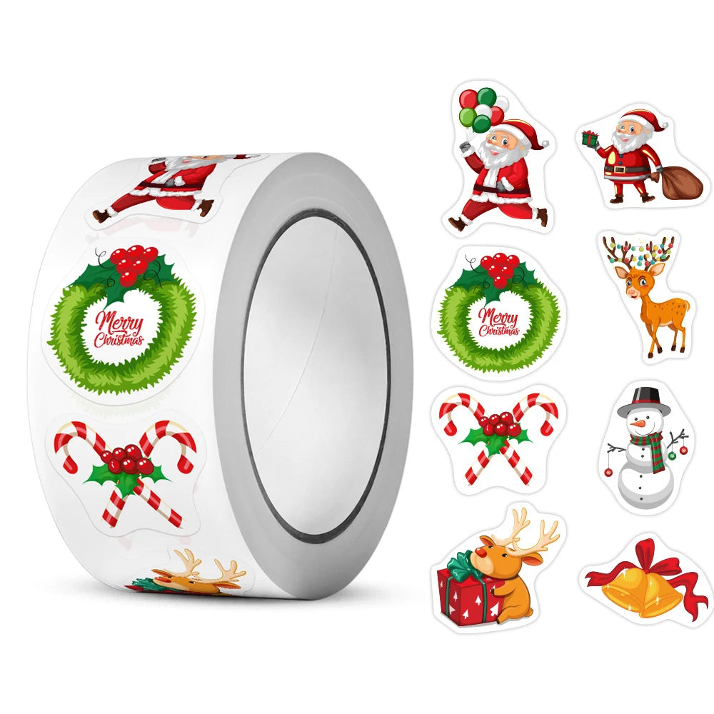 500Pcs/Roll Heterotypic Christmas Themed Elks Snowmans Santa Claus Bells Stickers 8 Designs 2.5cm/1.0'' DlY Graffiti Holiday Tag