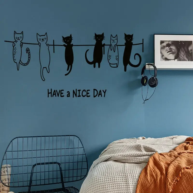 Self-Adhesive No-Residue Wall Stickers - Whimsical Black & White Cat Design, Waterproof & Reusable, Easy Peel & Stick for Bedroo