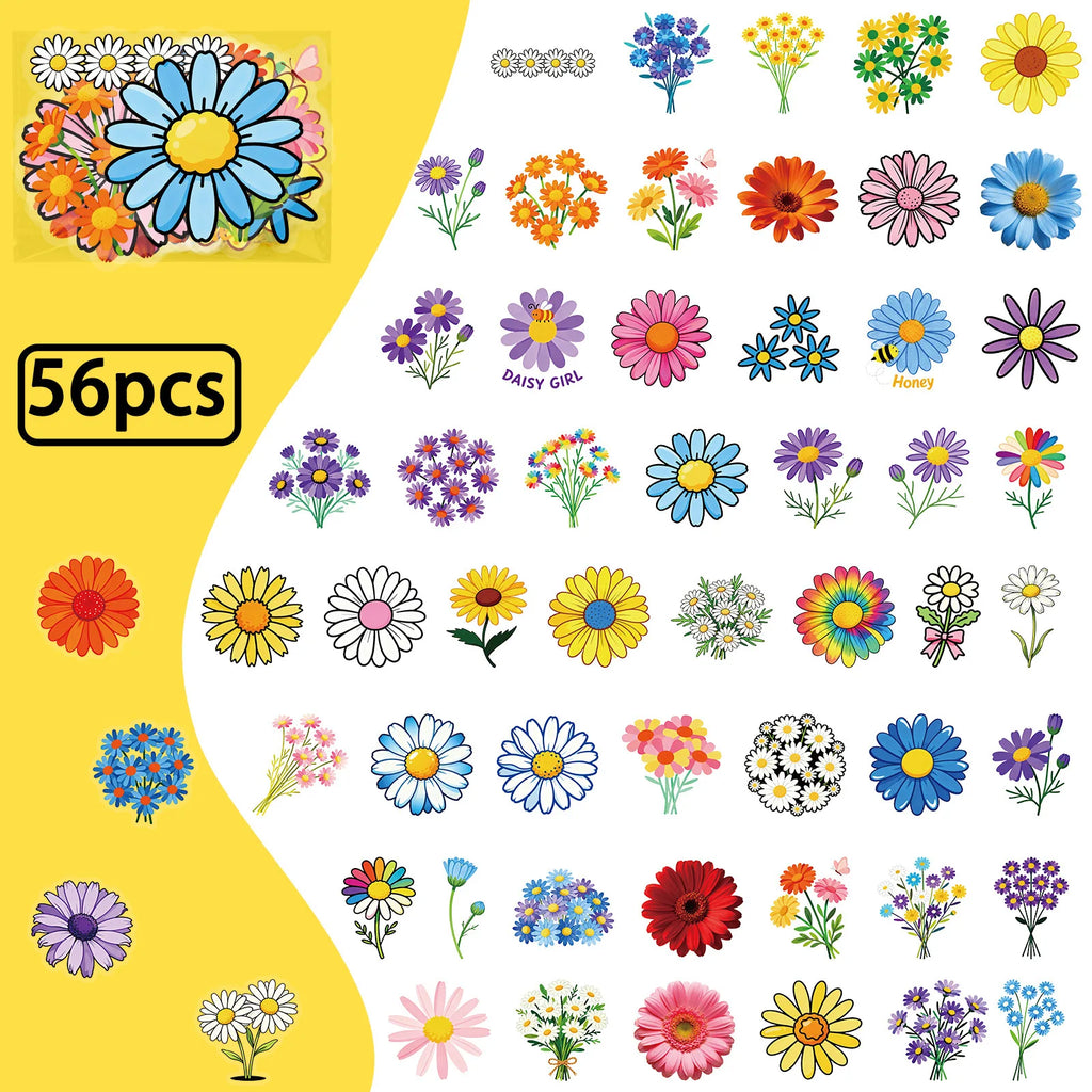 56/112PCS Colorful Daisy Transparent PET Stickers High Beauty Artistic Phone Decorative Notebook Stationery Stickers