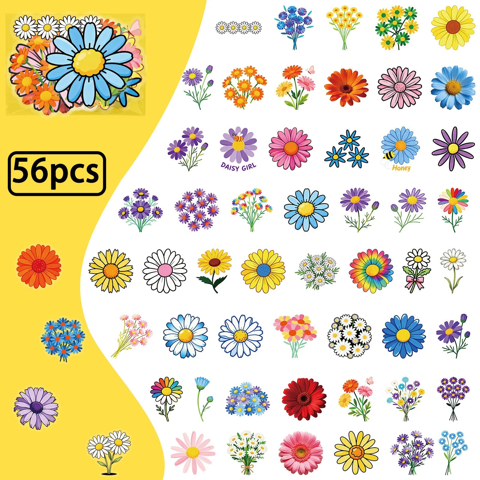 56/112PCS Colorful Daisy Transparent PET Stickers High Beauty Artistic Phone Decorative Notebook Stationery Stickers