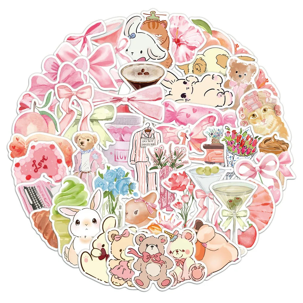 50PCS Cute Bear Pink Stickers Ins Style Cartoon Stickers Decoration DIY Phone Case Laptop Tablet Toy Stickers