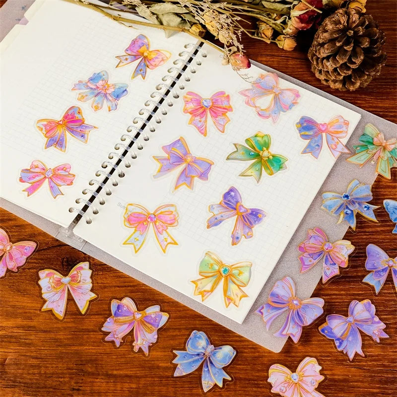 56PCS Kawaii Dreamy Bow PET Sticky Sticker Aesthetic Tear Open DIY Decoration Scrapbooking Sketchbook Supplies for Kids