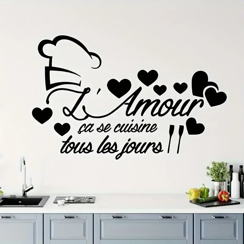 Modern French Kitchen Wall Sticker - "L'Amour se Cuisine Tous les Jours" with Heart Design, Self-Adhesive Plastic Decal for Glas