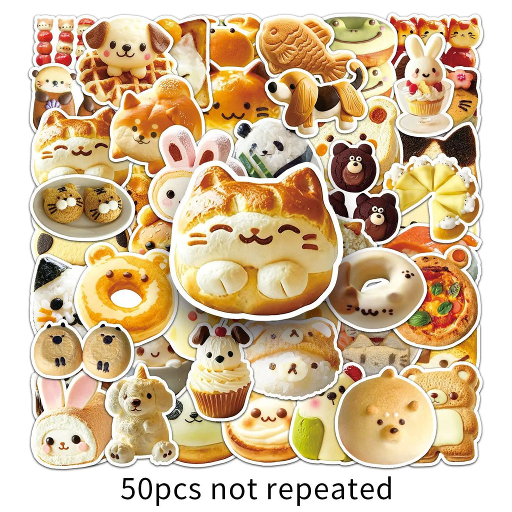 50PCS PACK Cartoon Bread Animal Stickers Cute Creative Waterproof Decorative Refrigerator Water Cup Notebook Luggage Stickers