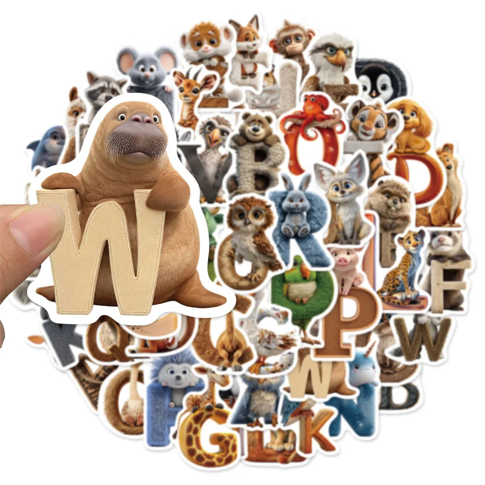 50PCS Cartoon Letter Animal Learning Reward Sticker Pack DIY Brochure Decoration Tablet Laptop Toy Stickers