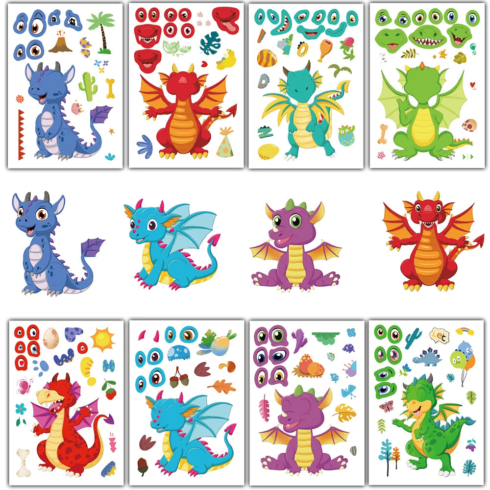 8PCS Cute Dragon Changing Face Collage Sticker Harajuku Motorcycle Casual Skateboard Casual Fashion Cartoon Graffiti Stickers