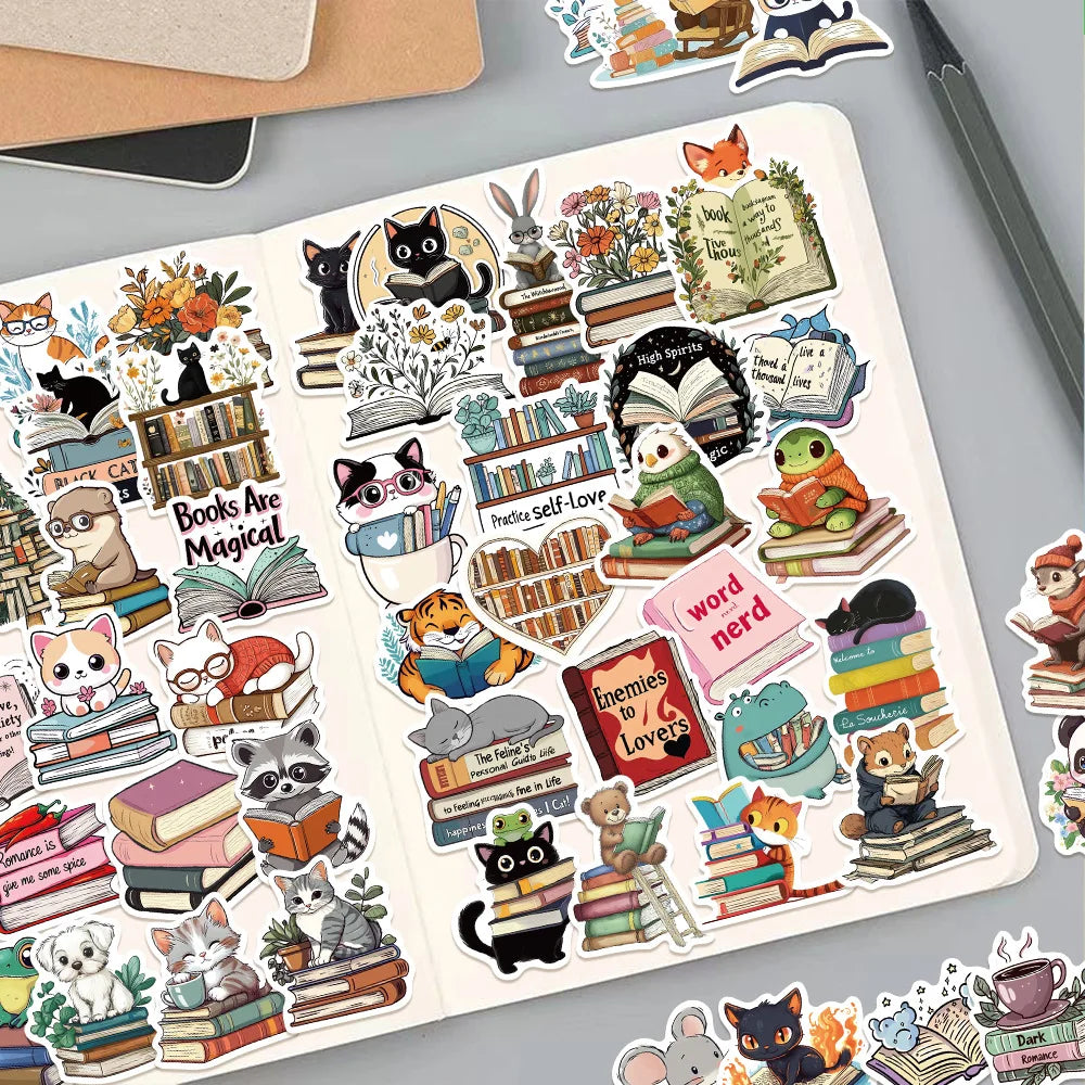 50/100PCS Animal Reading Animal Bookish Stickers Luggage Computer Phone Helmet Waterproof Stationery Stickers