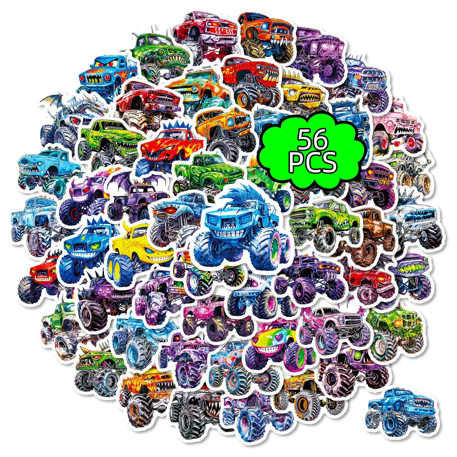 56PCS Wild Monster Car Stickers Student Notebook Skateboard Helmet Waterproof DIY Unique Decorative Art Decal Sticker