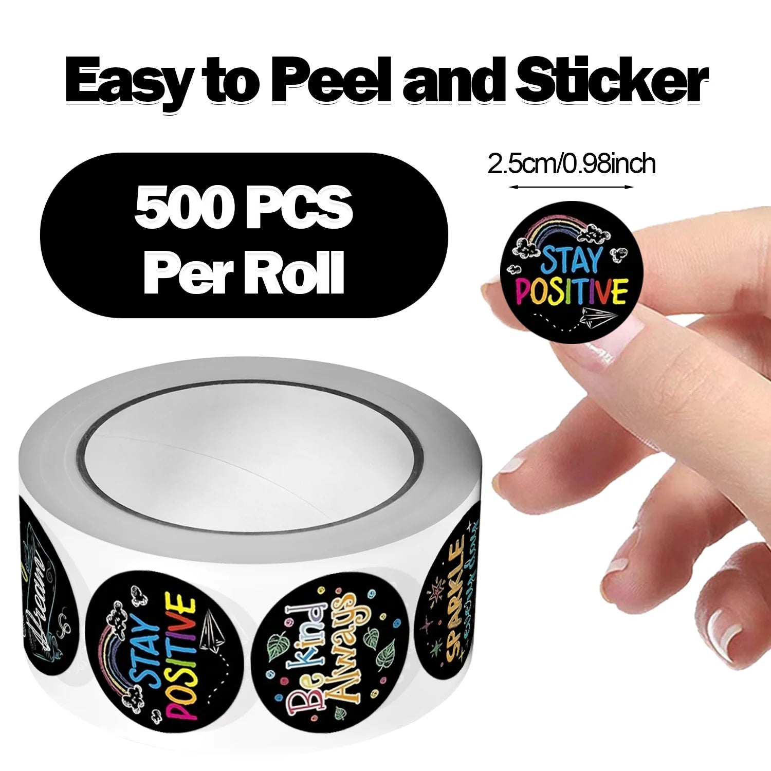 1Roll(500Pcs) Black Encourage Words Stickers 1.0'' Round 8 Designs Decal for Kids Students Teacher Reward School Supplies