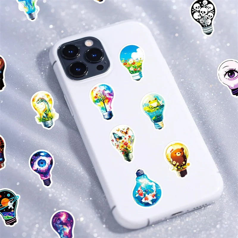 10/30/56PCS Cartoon Light Bulb World PVC Sticky Stickers Aesthetic DIY Colored Phone Laptop Luggage Skateboard Graffiti Decals