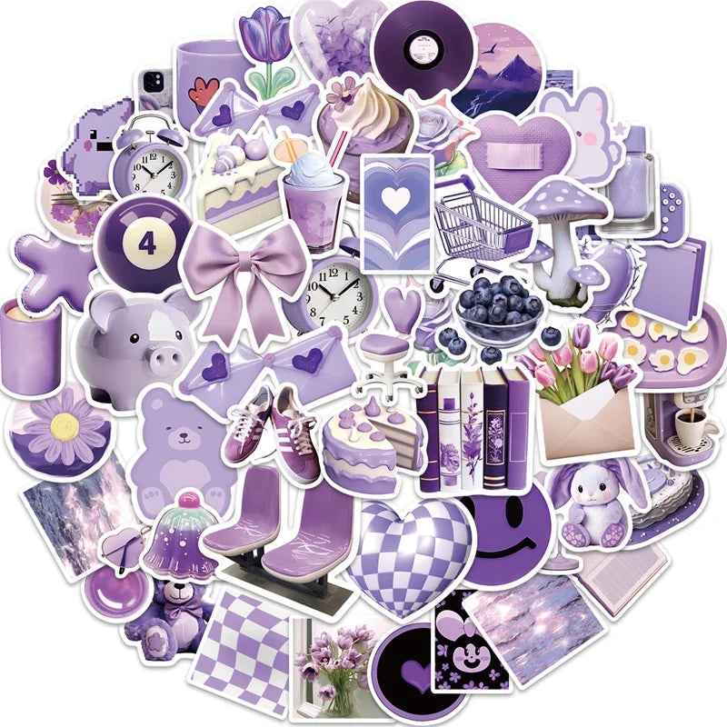 10/30/56PCS Cartoon Purple PVC Sticker Aesthetic Children's Korean Decoration Scrapbooking Stationery School Supplies for Kids
