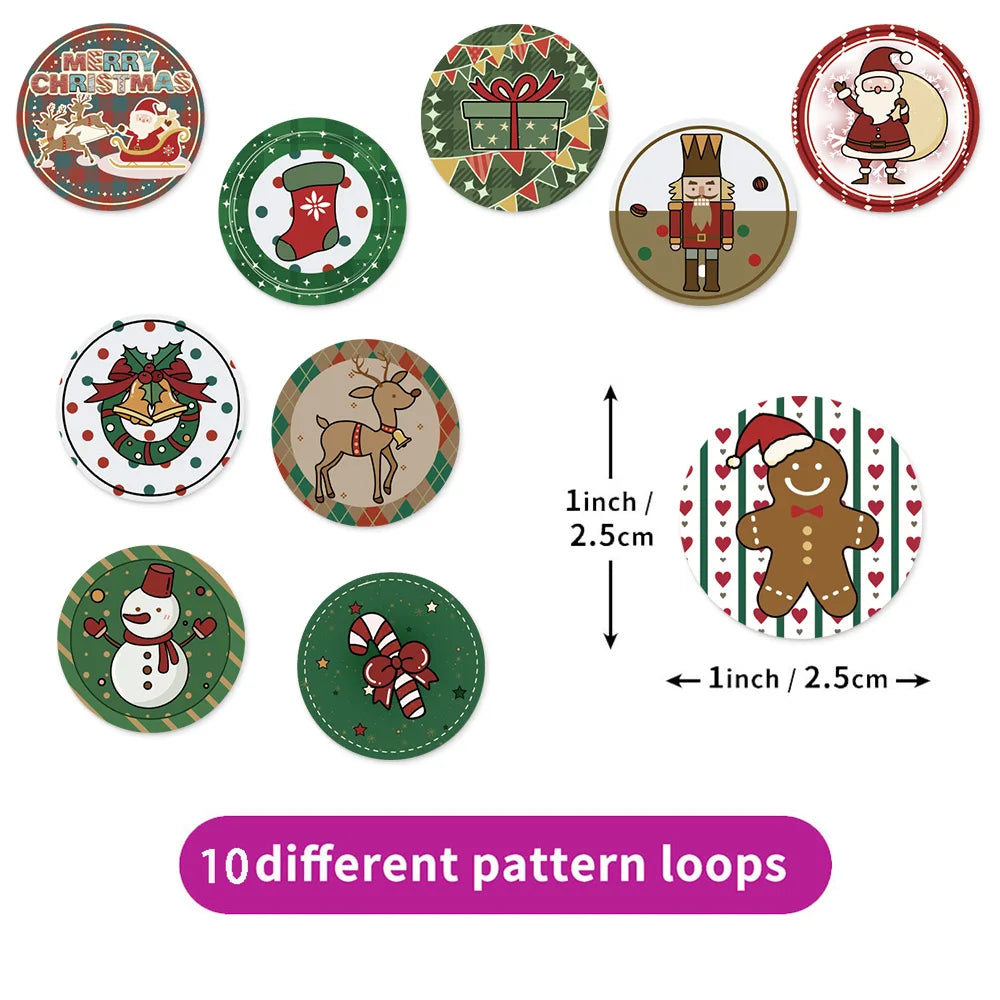 500PCS Christmas Circular Cartoon Reward Roll Stickers DIY Phone Cases Water Bottles Envelopes Notes Reward Gifts Stamps Sticker