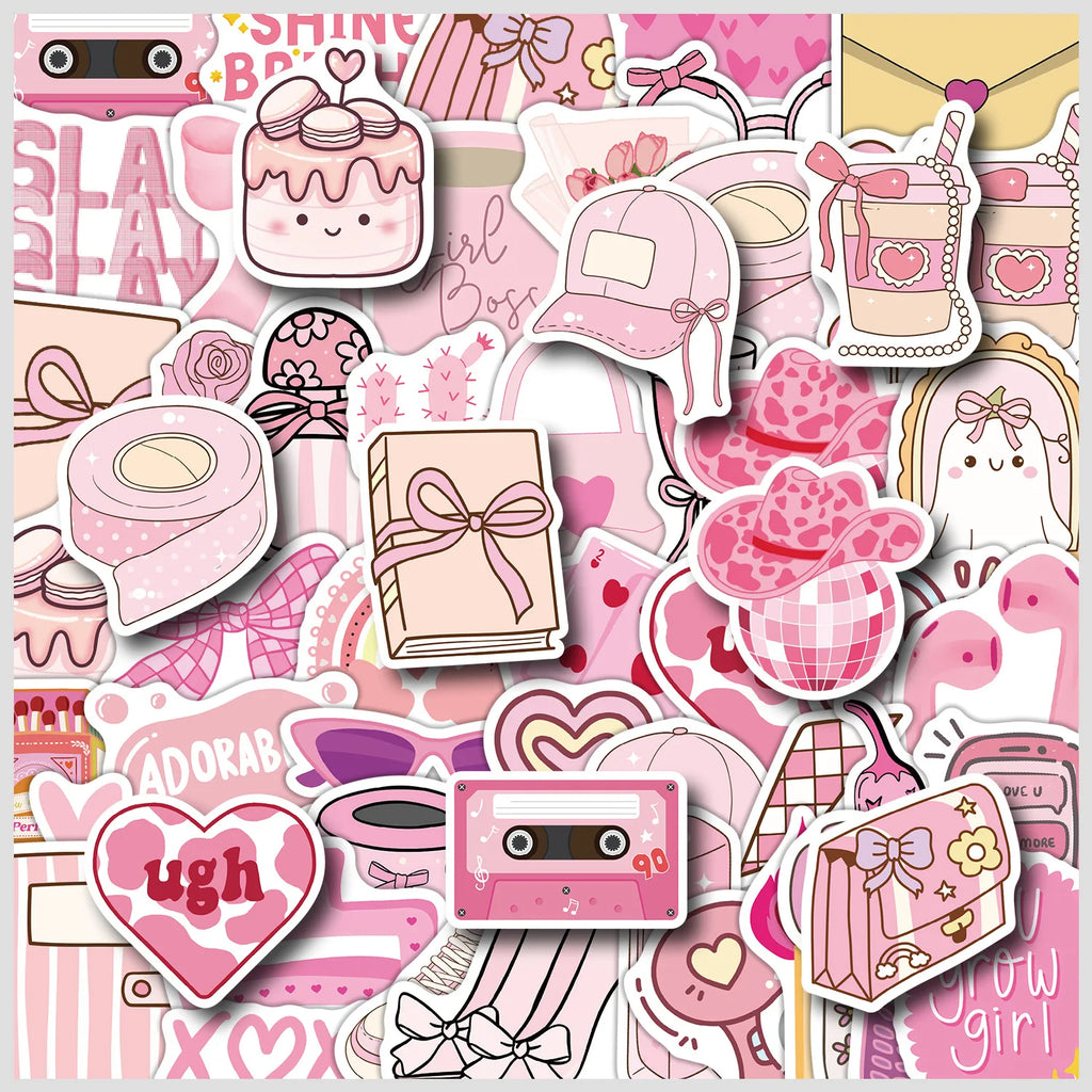 50-Pack Cute Pink Doodle Stickers Water Bottles Laptops Creative Stationery Notebook Waterproof Decor Stickers