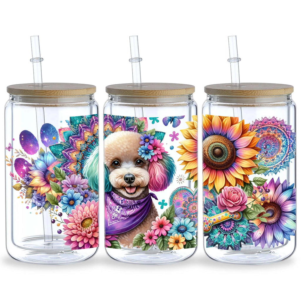 5 Sheets Sunflower Dog UV DTF Cup Stickers, Glass Cup DTF Transfer Stickers, Waterproof Funny Dog Wipeable Transfer Paper