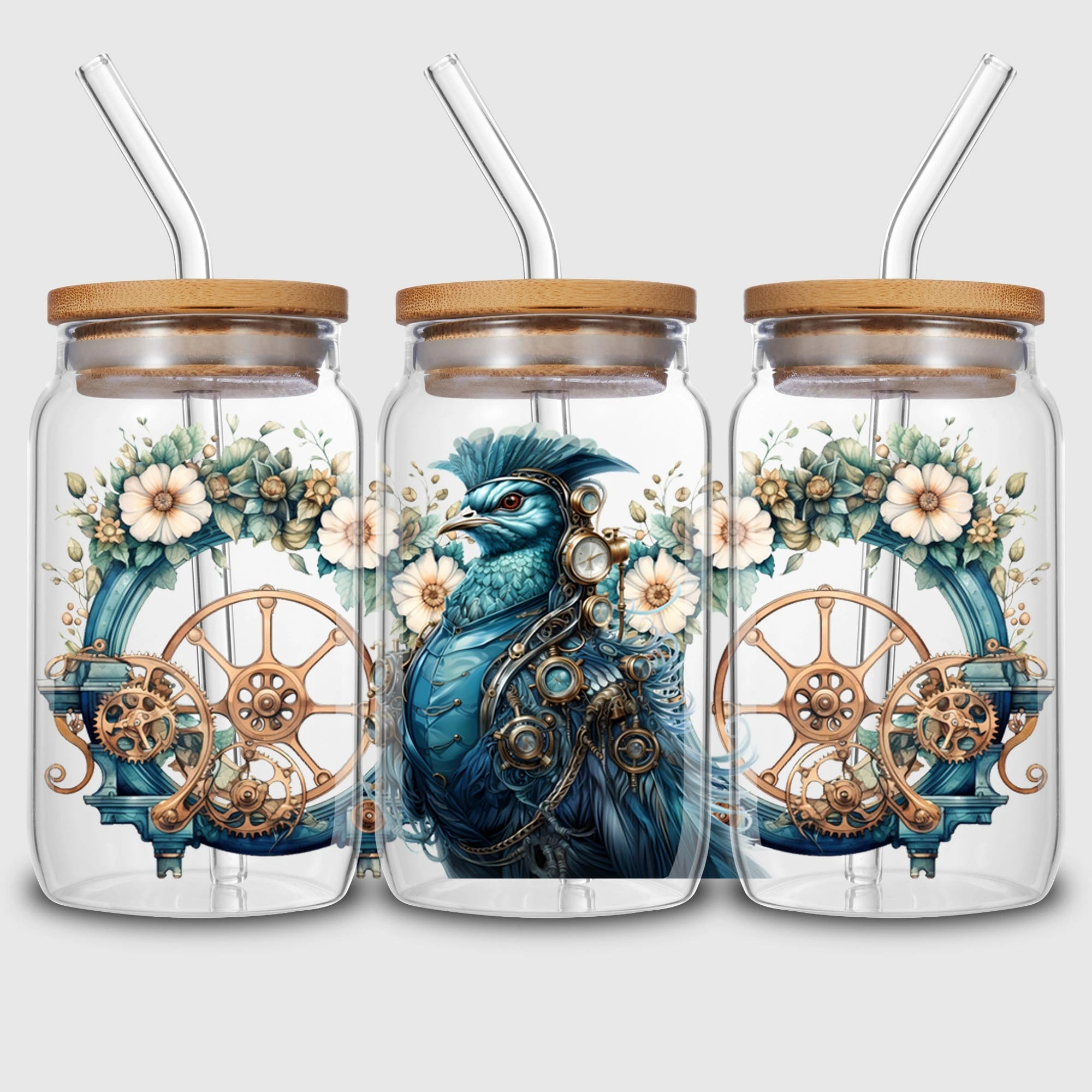 5 sheets Steampunk UV DTF Cup Stickers, DTF Friction Transfer Stickers, Waterproof Cartoon Transfer Stickers for 16oz Glass Cups