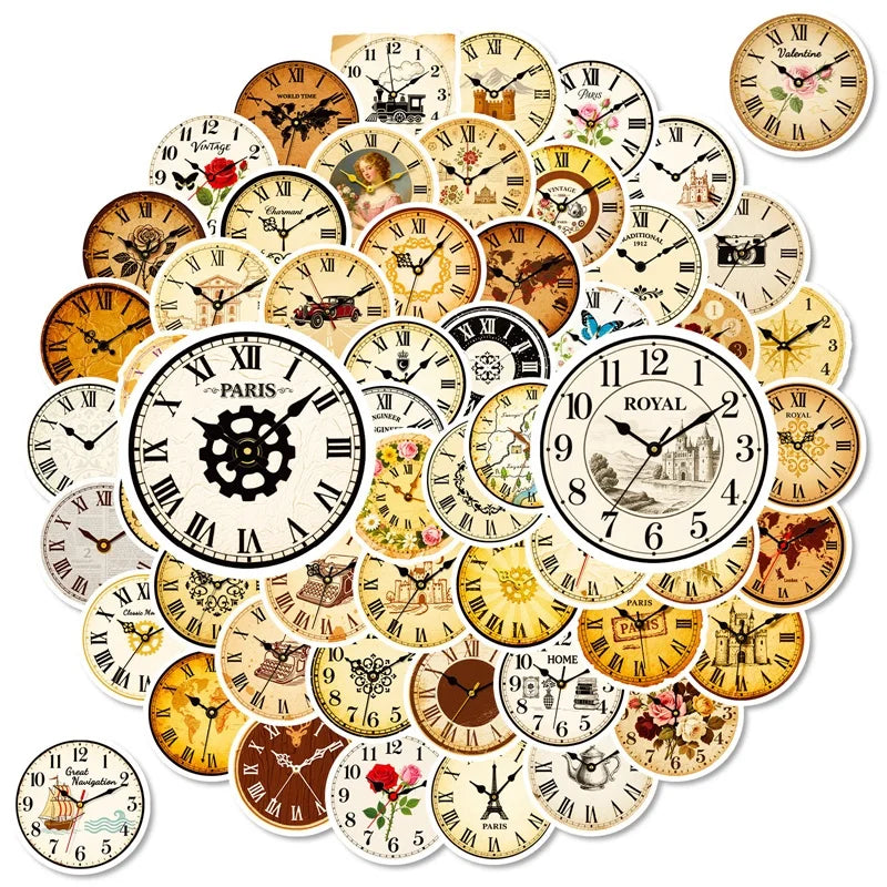 10/30/56PCS Vintage Clock PVC Sticky Stickers Aesthetic DIY Colored Phone Laptop Luggage Skateboard Graffiti Decals