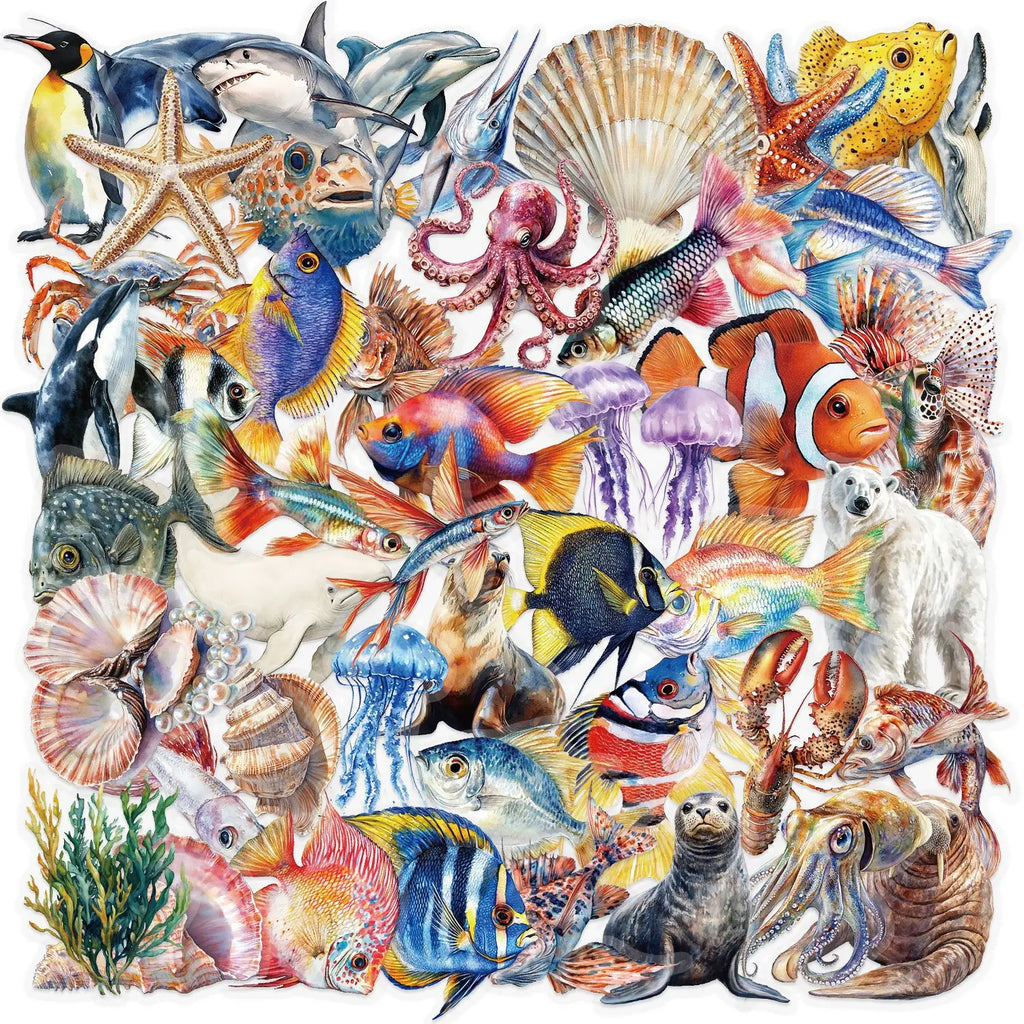 50PCS Marine Animal Cartoon Stickers Octopus Shell Fish DIY Scrapbooking Stationary Travel Luggage Laptop Waterproof PET Sticker