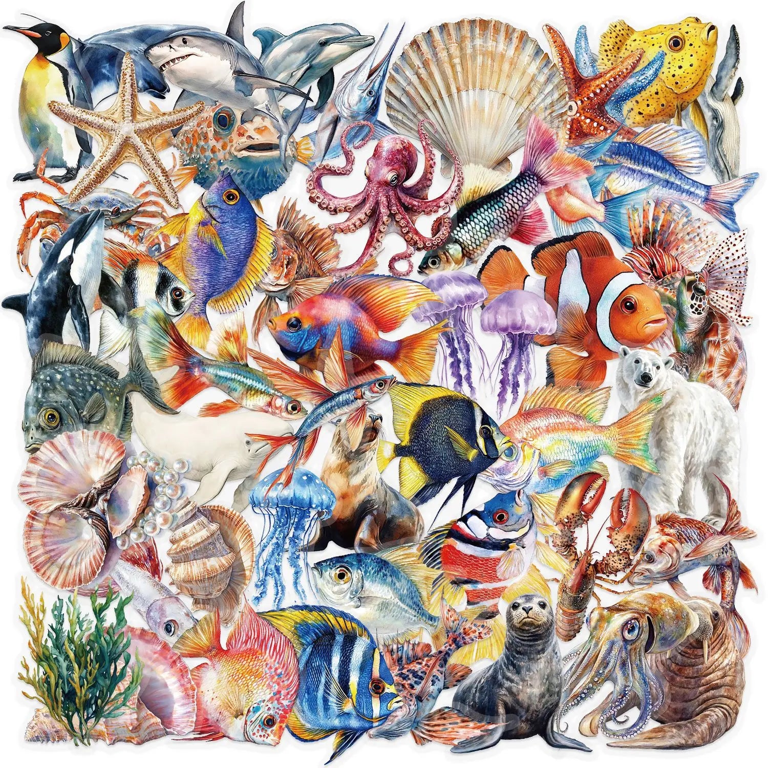 50PCS Marine Animal Cartoon Stickers Octopus Shell Fish DIY Scrapbooking Stationary Travel Luggage Laptop Waterproof PET Sticker