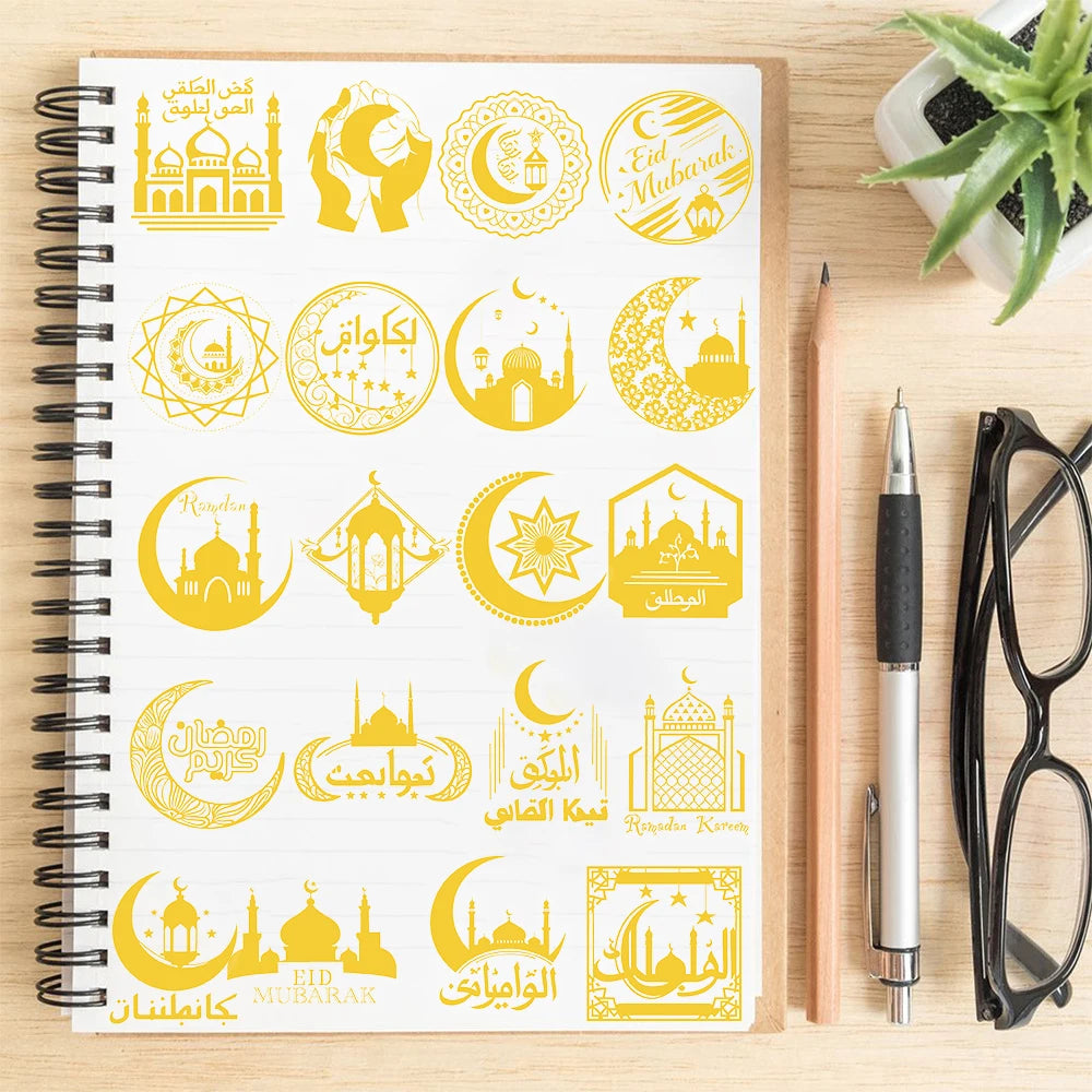 50PCS Eid Mubarak Print Stickers Notebook Gold Stamping Laptop Bicycle Graffiti Luggage Cartoon Suitcase Graffiti Laptop Sticker
