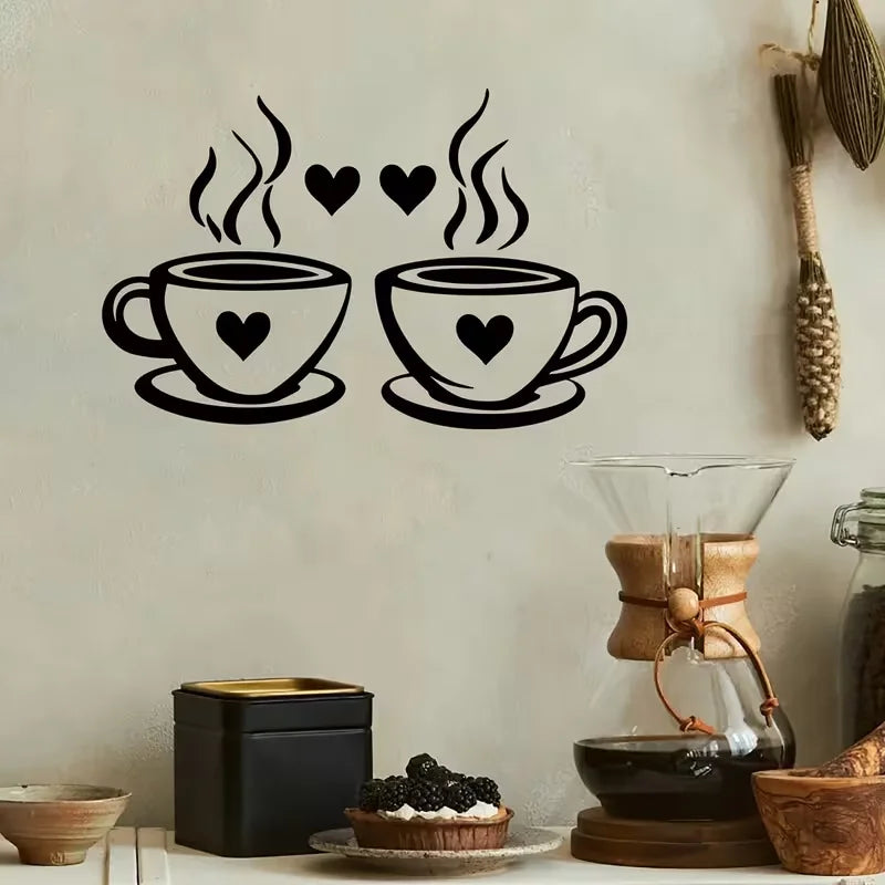 1pc Coffee Cup Wall Decorations Vinyl Kitchen Wall Decorations Sticker Black Coffee Tea Sign Decorative Flowery Wall Art Sticker