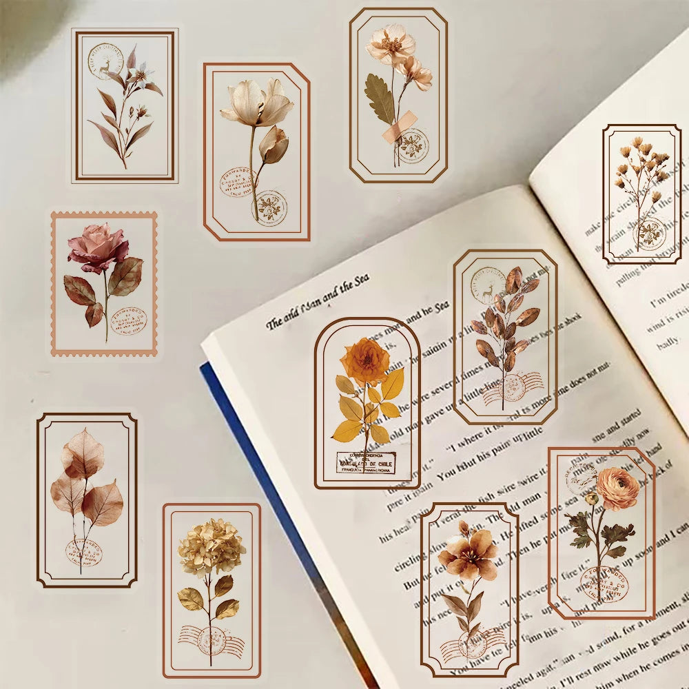 50/100PCS Picking Up Flowers On Old Pages Stickers Classical Style Aesthetic Phone Motorcycle Laptop Bicycle Graffiti Sticker ﻿